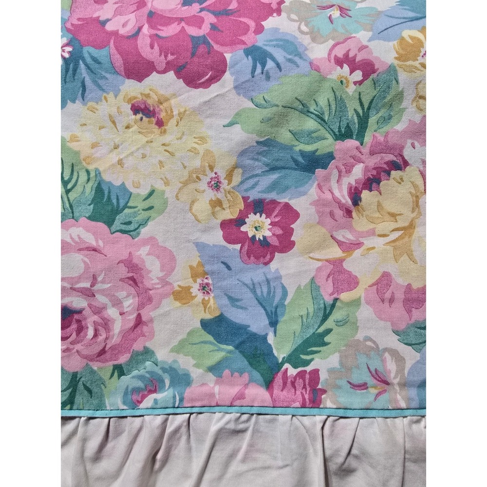 Vintage Springmaid Queen Flat Sheet Floral Pink Yellow Green Ruffled Edge